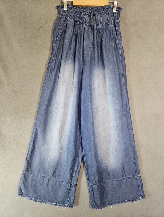 Zenana Outfitters Pants - Zenana Womens Small Wide Leg Frye Hem Denim Pants Pullup High-Rise Bleach Wash